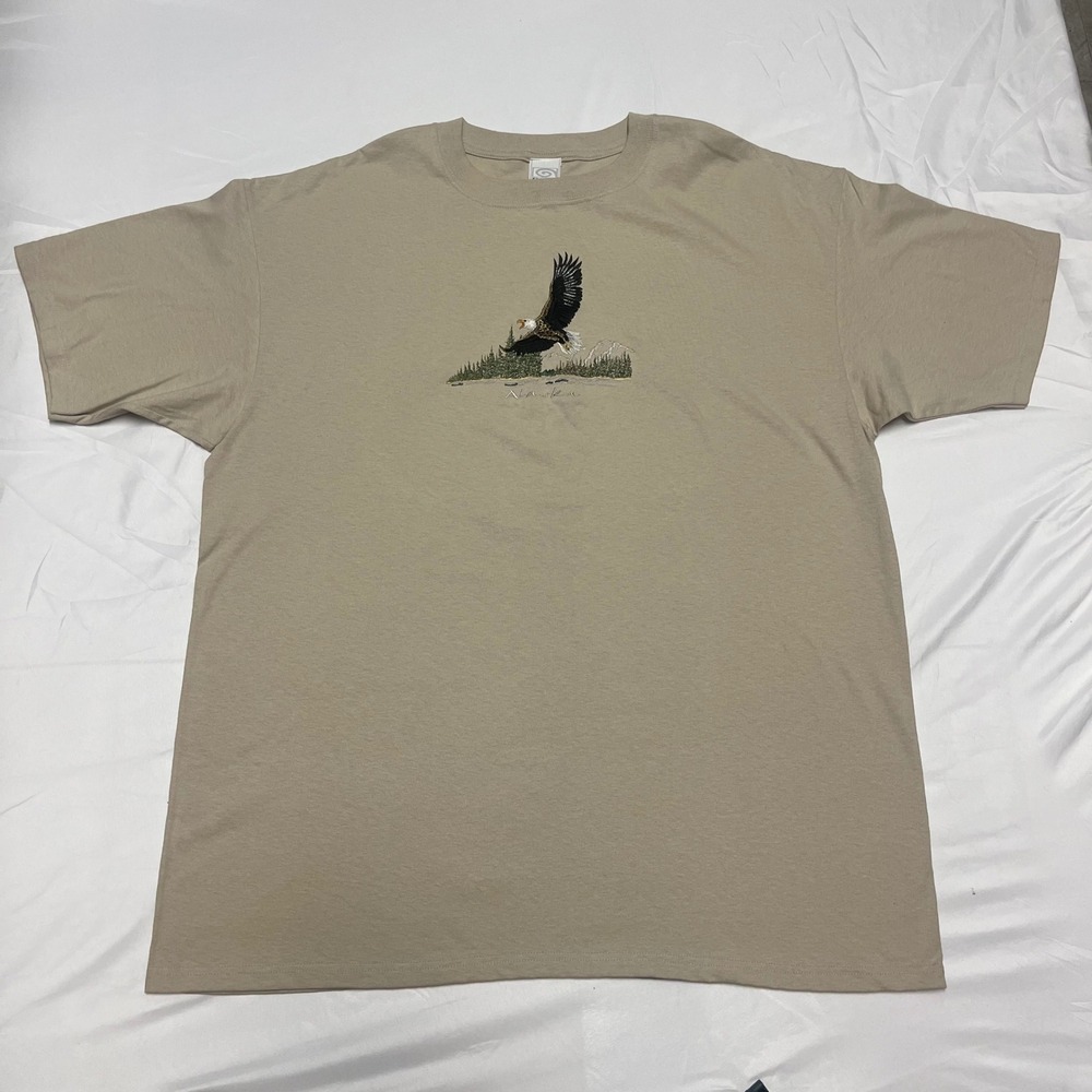 100% Cotton EMI Sportswear Tan Alaska Embroidered Bald Eagle Nature T-Shirt XXL - Picture 2 of 7